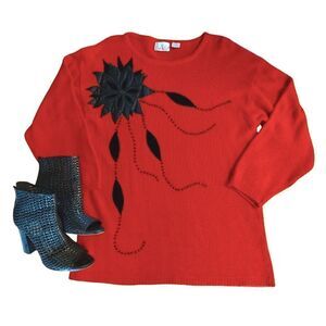 VTG 80s Red Black Floral Silk Beaded Rabbit Hair Lambswool Knit Sweater Large